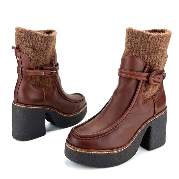 Sam Edelman Sidney Chunky Platform Bootie Size 10M Brown Leather Australian Wool - Picture 14 of 15